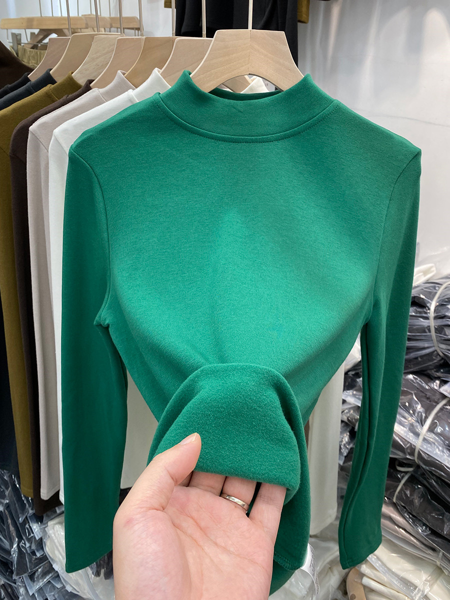 2022秋冬新款百搭柔软加薄绒长袖T恤女显瘦纯色内搭打底衫上衣厚
