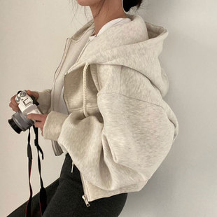 韩国chic秋季 外套女 卫衣开衫 简约气质抽绳连帽设计感小众宽松长袖