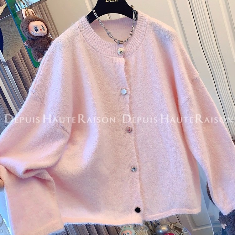 小香风粉色针织衫毛衣女2025秋冬季宽松胖妹妹开衫百搭外套上衣潮