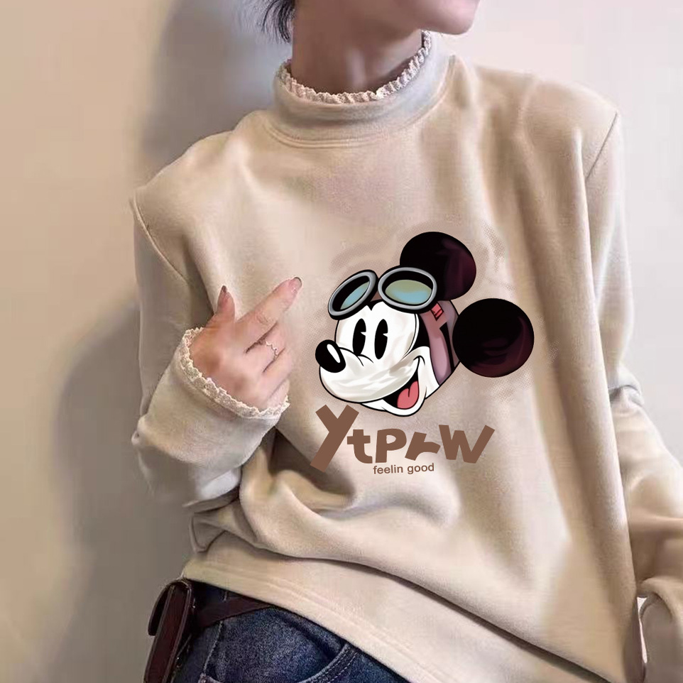 花边领打底衫2025新款今年流行爆款加绒厚款德绒半高领长袖t恤女