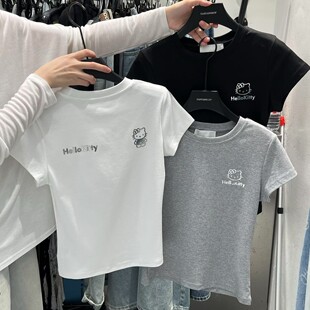 十三行2026夏季新款kt猫字母印花简约短袖T恤女短款正肩辣妹上衣