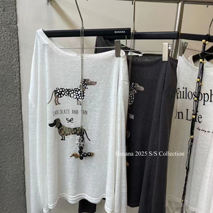 韩国东大门夏季新款时髦斑点狗印花宽松薄款斜肩长袖T恤露肩上衣