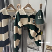 秋冬新款 条纹学院风小刺绣休闲宽松洋气百搭套头卫衣女 翻领POLO衫