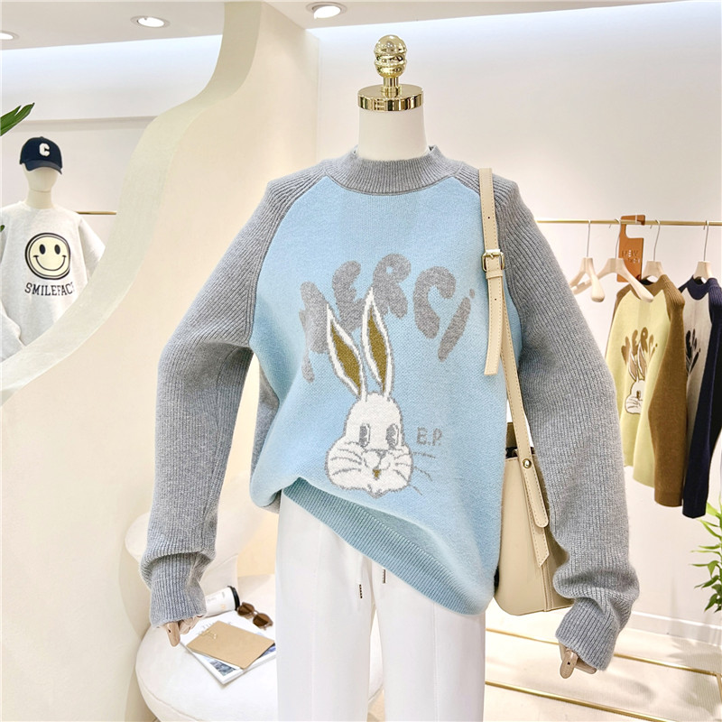 拼接撞色针织衫韩版插肩袖套头