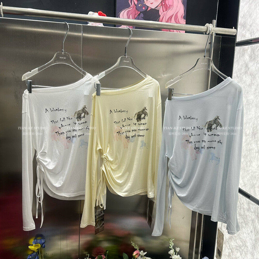 2026夏上新！田曦薇同款彩色小马斜肩长袖T恤女莱赛尔防晒衫上衣 - 实物图