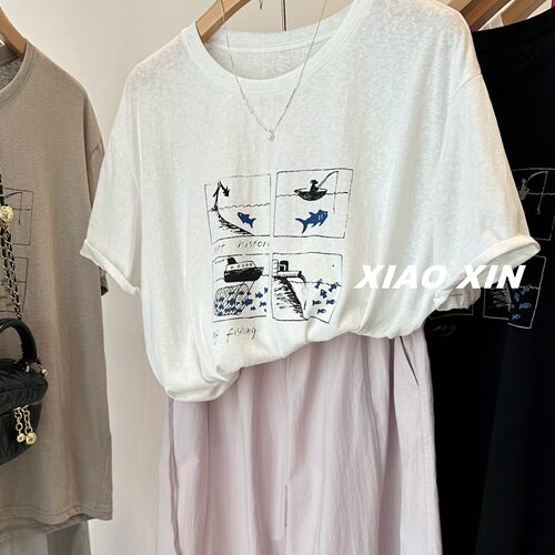 韩系创意~趣味大海捕鱼印花薄款棉料短袖T恤女夏季宽松般休闲上衣