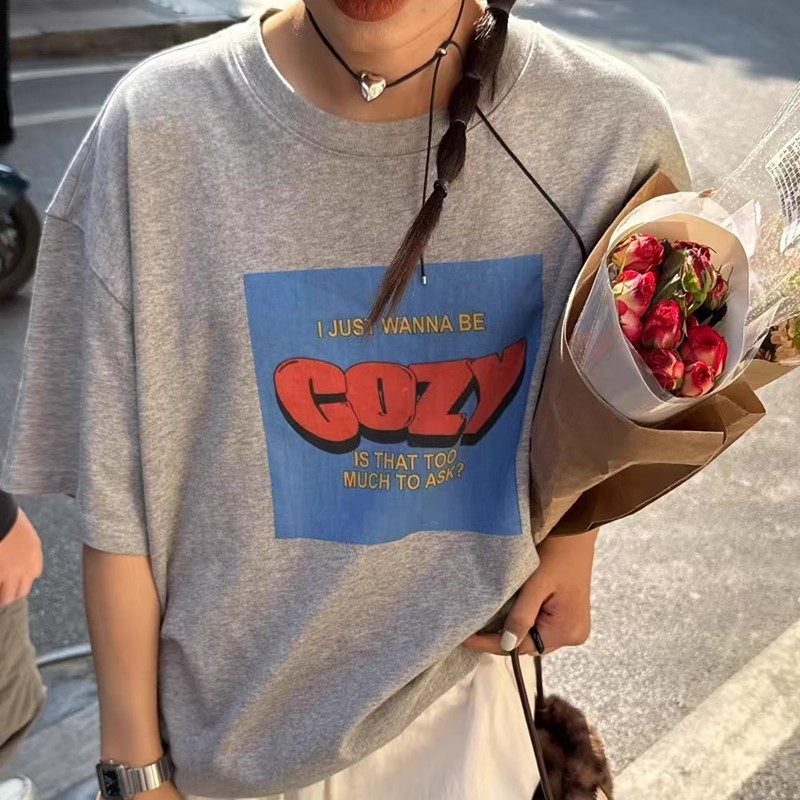 韩国2026夏季新款慵懒风bf字母印花圆领学院风短袖T恤百搭上衣女