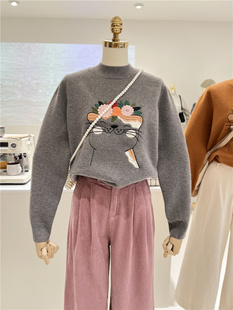 半高领韩系精致刺绣花朵小猫咪加厚保暖宽松套头针织毛衣女上衣