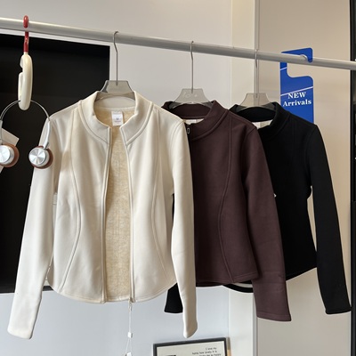 秋冬季立裁双面绒保暖舒适立领双拉链小蛮腰短外套夹克女外套上衣