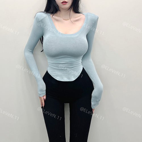 U领性感弧形下摆上衣潮