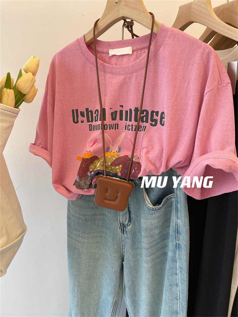 一起嗨皮~跳舞的兔子短袖T恤女韩系休闲宽松字母百搭卡通夏装上衣