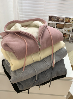 灰色加绒连帽卫衣女2025冬季宽松休闲百搭加厚羊羔绒拉链开衫外套