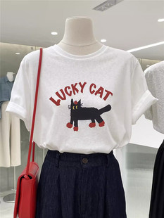 新品速递~趣味黑色猫咪印花短袖夏季圆领休闲百搭舒适显瘦T恤上衣