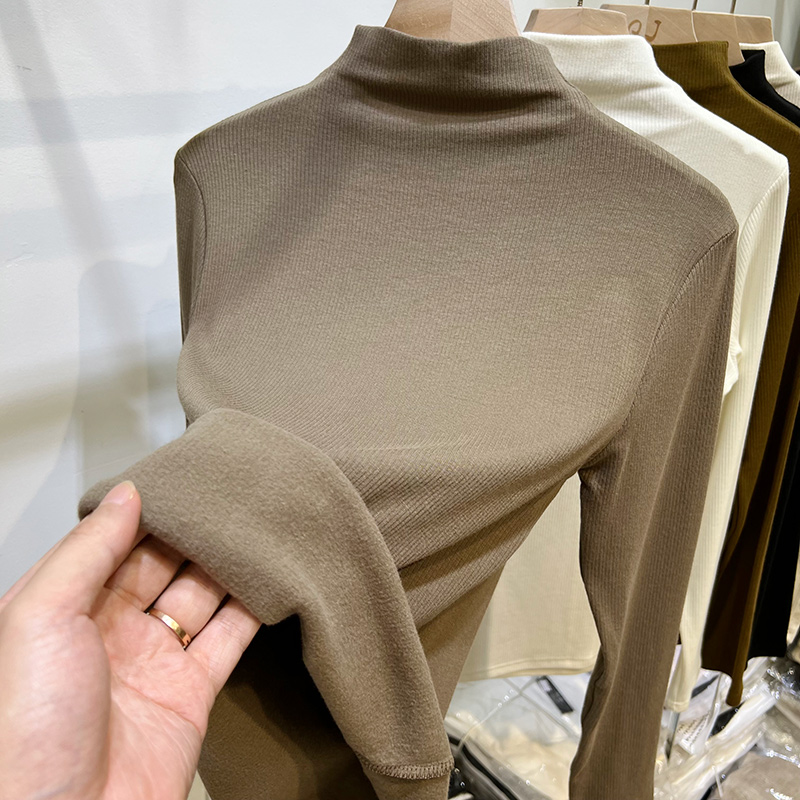 半高领坑条加薄绒长袖T恤女2022秋冬新款洋气修身内搭打底衫上衣