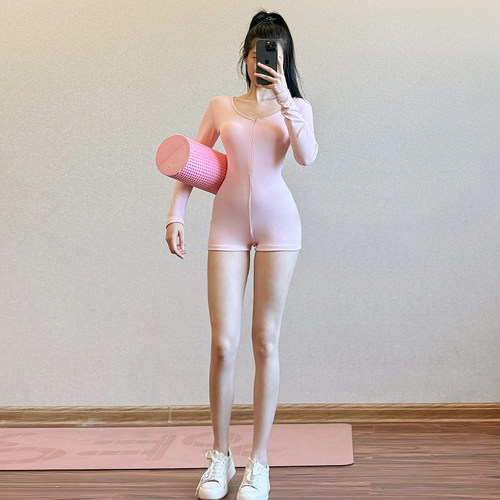 粉色辣妹长袖瑜伽服连体衣短裤女紧身运动健身普拉提训练服新款