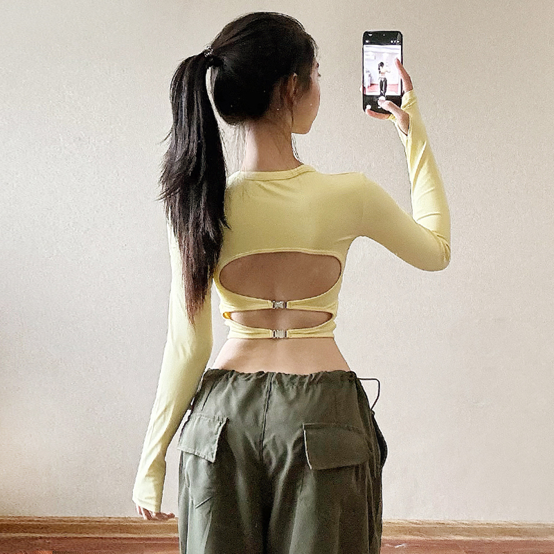 美背镂空瑜伽服秋冬百搭运动长袖上衣带胸垫显瘦性感普拉提健身服