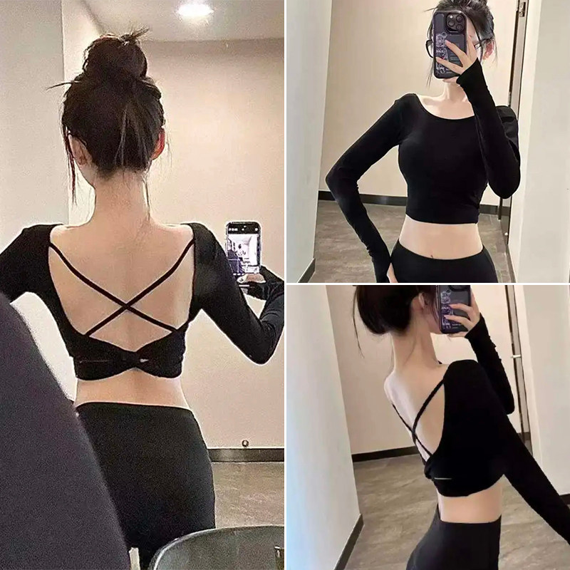黑色瑜伽长袖高级感显瘦美背短款上衣绝美训练健身运动普拉提套装,运动服/休闲服装,健身衣,淘宝优惠券,粉丝福利购,淘宝优惠卷