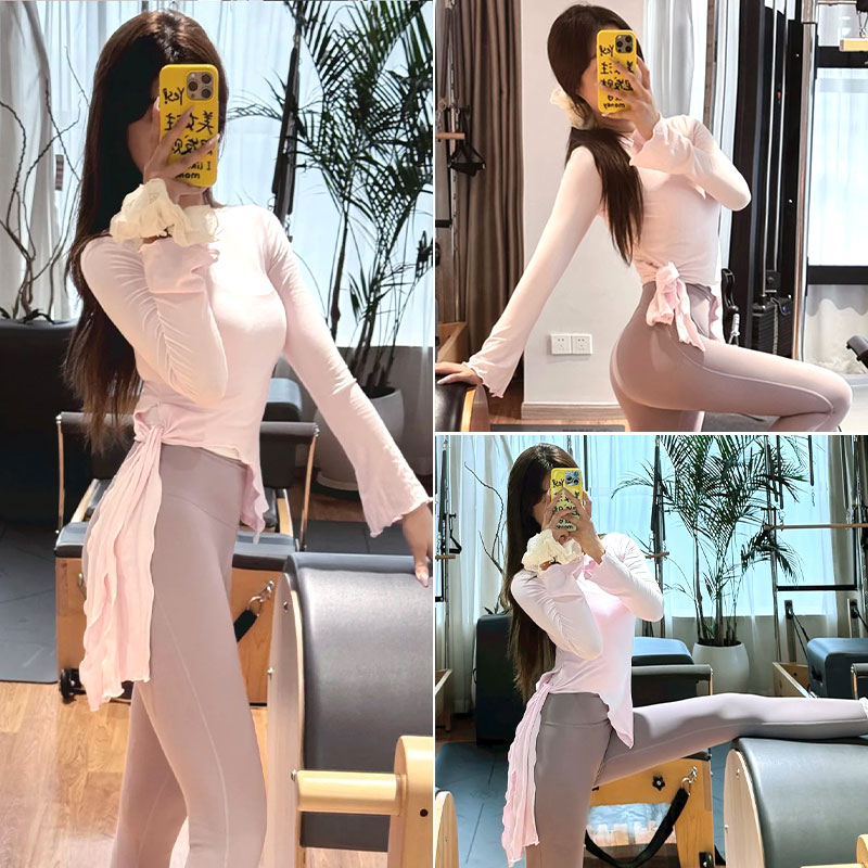 新款粉色普拉提上衣显瘦修身运动长袖绑带绝美健身瑜伽服t恤秋冬