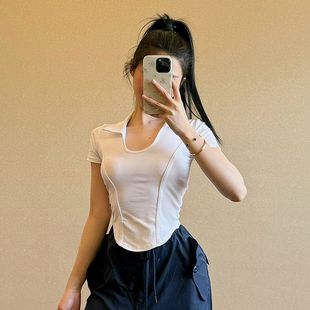 瑜伽短袖 女白色正肩速干翻領(lǐng)運(yùn)動(dòng)上衣外穿跑步健身服T恤 美式 新款