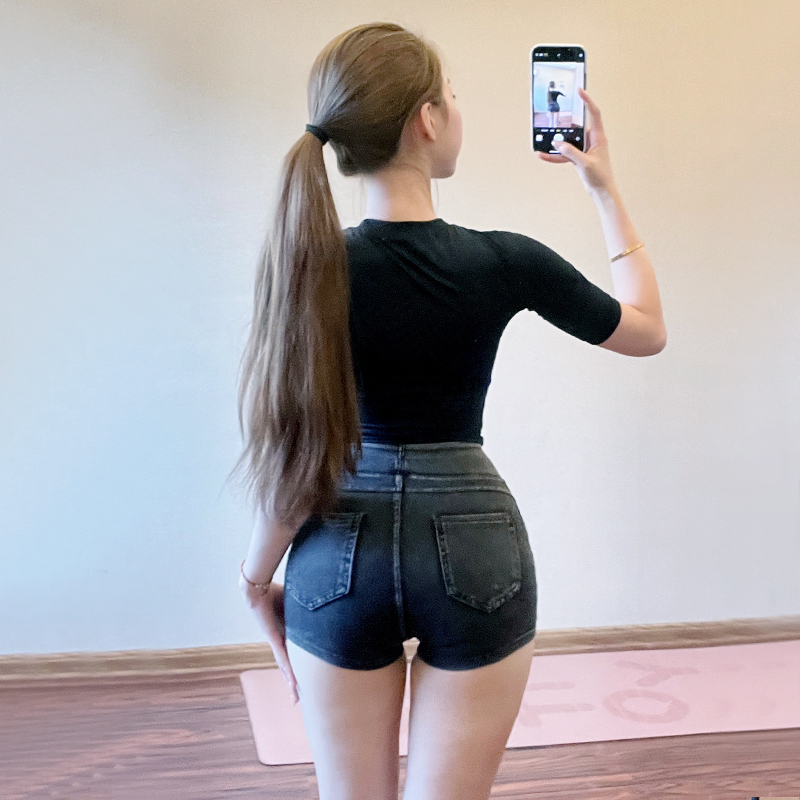 牛仔运动短裤女高腰提臀紧身