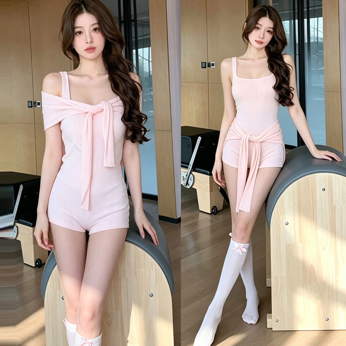 绝美粉色运动连衣裙一体式带胸垫普拉提芭杆瑜伽服背心连体训练衣图片