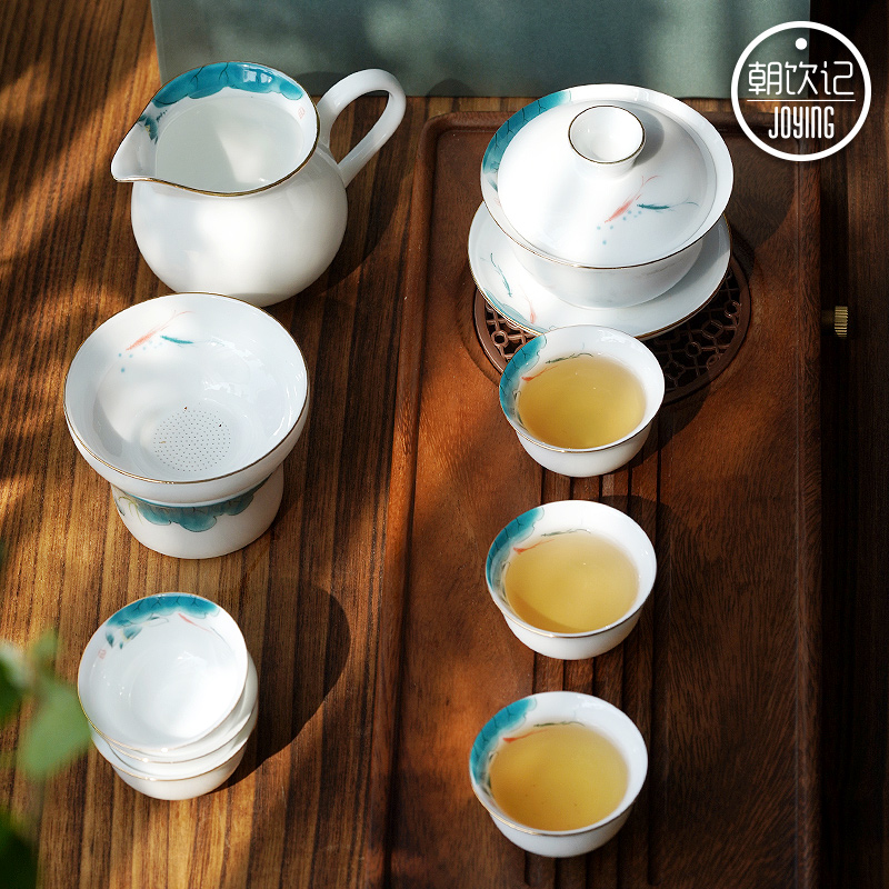 手彩三才盖碗茶具整套礼盒茶礼潮州功夫茶陶瓷小茶杯工夫茶具套装