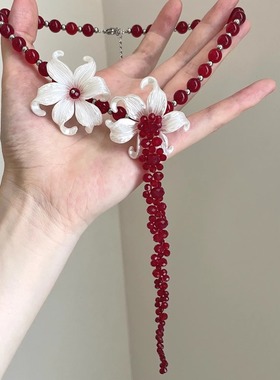 千金感!鸽血红串珠鸢尾花长项链女巨显白超绝氛围感choker锁骨链