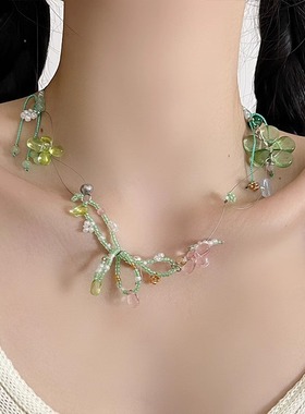 绿野仙踪花朵项链少女心度假风琉璃水晶蝴蝶结锁骨链森系清新颈链