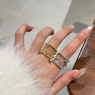 复古金属镂空拉丝戒指小众高级感气质食指戒满钻精致老钱风指环女