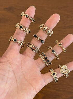 复古高级感黑色锆石戒指女中古镂空鸢尾花开口指环气质叠戴手饰潮