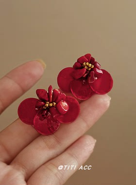 法式复古贝壳花朵串珠耳环小众独特设计感气质耳钉高级感时尚耳饰