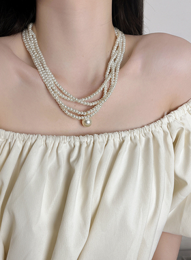 复古vintage多层珍珠项链锁骨链