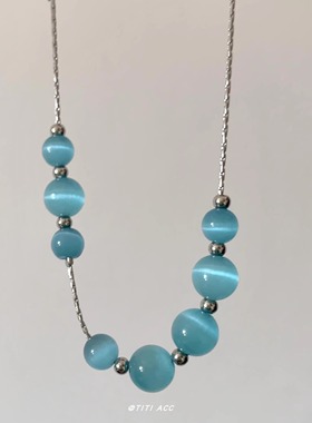 小清新蓝色圆珠猫眼石项链夏日小众设计高级感简约锁骨链个性颈链