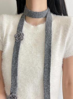 y2k马海毛细窄长条颈花围脖女2025新款秋冬choker百搭窄毛绒围巾