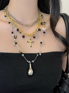 重工朋克多层叠戴别针十字架项链女复古高级感个性百搭锁骨链配饰