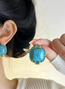 中古风vintage绿松石镶钻耳钉女复古小众几何耳环高级感气质耳饰