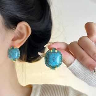 中古风vintage绿松石镶钻耳钉女复古小众几何耳环高级感气质耳饰