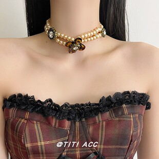豹纹大花朵双层珍珠项链女Choker小众设计感锁骨链复古辣妹颈链潮