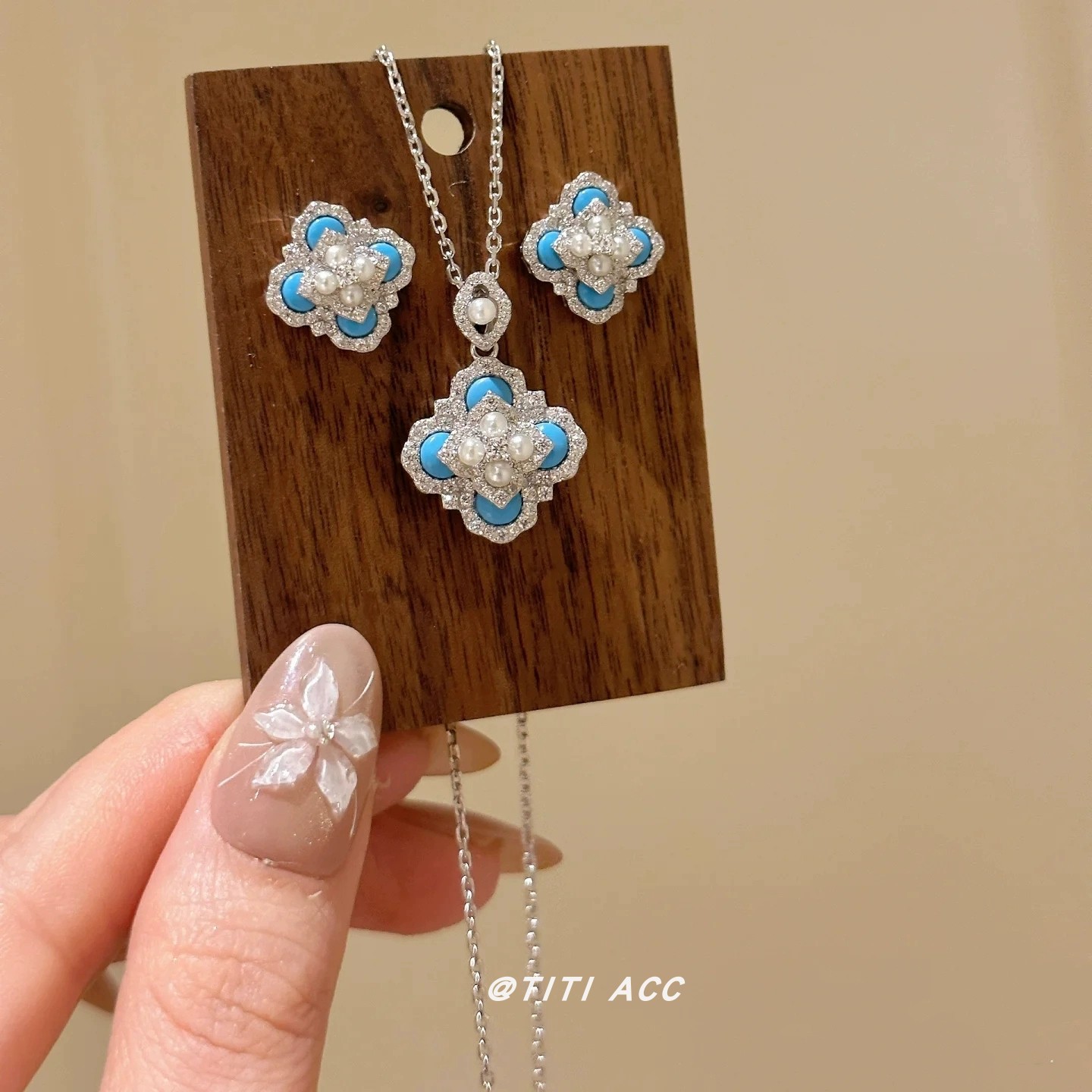 复古vintage宫廷风蓝色松石四叶项链高级感轻奢戒指小众锁骨链女