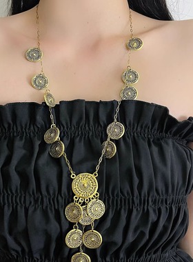 老钱风中古vintage圆形金币流苏项链女高级感新款复古做旧毛衣链