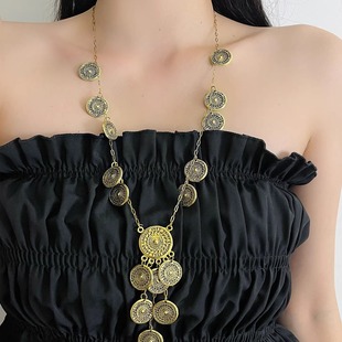 老钱风中古vintage圆形金币流苏项链女高级感新款复古做旧毛衣链