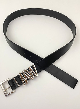 ins辣妹风自由落体抽象设计腰带女百搭字母针扣黑色皮带牛仔裤带
