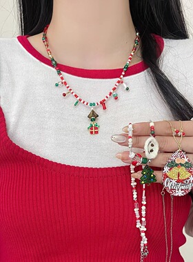 圣诞节彩色串珠项链女配饰2025氛围感颈饰甜美可爱毛衣链圣诞礼物