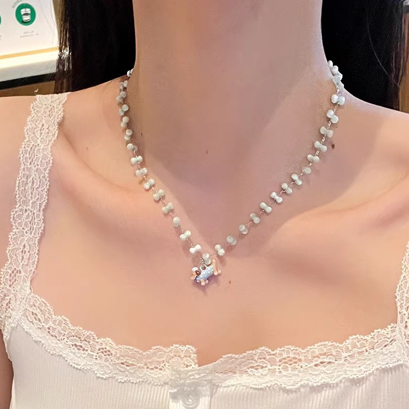 卡通陶瓷小狗项链女小骨头串珠锁骨链夏日多巴胺童趣甜美可爱颈链