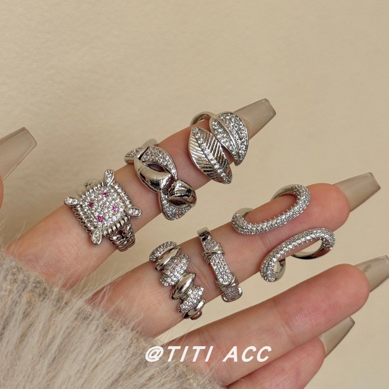 韩系ins风个性复古锆石开口叠戴戒指女小众几何轻奢高级感食指戒