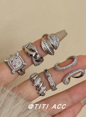 韩系ins风个性复古锆石开口叠戴戒指女小众几何轻奢高级感食指戒