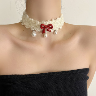 红蝴蝶结珍珠毛绒项圈女choker秋冬小众设计感项链锁骨链新年颈链