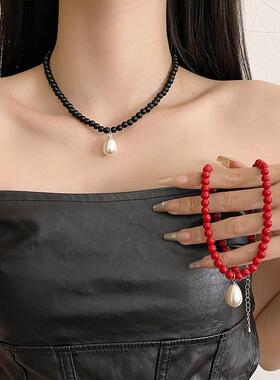 博主bornete同款红色串珠项链女轻奢高级感珍珠锁骨链百搭颈链潮