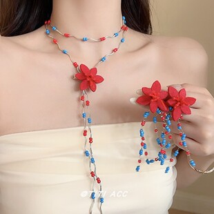 复古辣妹红蓝串珠choker锁骨链女小众轻奢花朵耳环长款流苏项链潮
