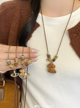 卡通萌物！棕色泰迪狗串珠项链女复古高颜值精致百搭毛衣链配饰新